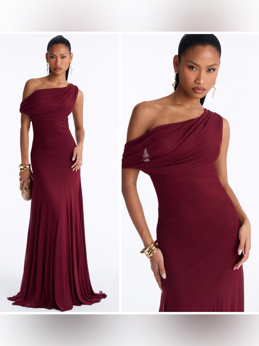 Fashion Nova Wine Burgundy One Shoulder Draped Mesh Maxi Dress Plus 1X Gown NWT